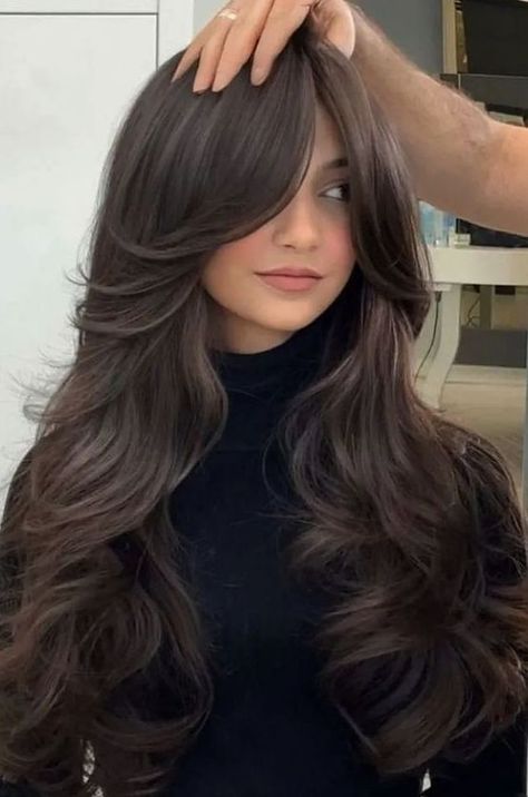 29+ Stunning Long Hair Styles with Layers and Curtain Bangs for a Trendy Look Haircut Ideas For Long Hair Wavy, Haircut Design For Long Hair, Women’s Haircut Long Hair, Med Layers With Curtain Bangs, Layered Hair Inspo Long, Brown Black Hair Ideas, Layer With Bangs Haircut, Trendy Layered Hairstyles Long, Brunette Butterfly Haircut