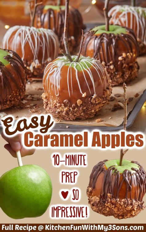 Homemade Caramel Apples are a fun fall treat that the whole family will love! Granny Smith apples are dipped into gooey caramel then rolled in toffee bits and drizzled with chocolate or your other favorite toppings! Carmel Apples Homemade, Praline Recipes, Carmel Apple Recipe, Easy Caramel Apples, Caramel Apple Recipe Easy, Caramel Drizzle Recipe, Homemade Caramel Apples, Fun Fall Treats, Candy Apple Recipe