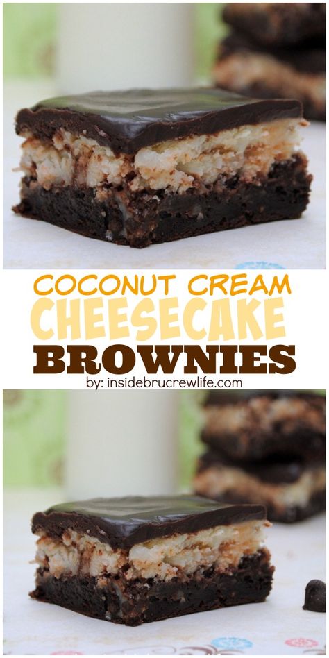 These fudge brownies have a coconut cream cheesecake layer and chocolate on top, and they are fabulous! Coconut Cream Cheesecake, Brownie Crust, Cheesecake Baked, Cheesecake Brownies Recipe, Cheesecake Layer, Flourless Brownies, Cheesecake Brownie, Coconut Cheesecake, Cream Cheesecake