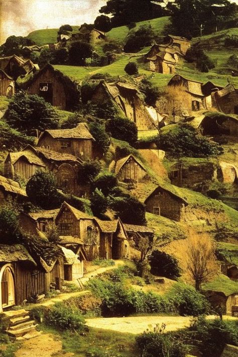 A cozy warm Hobbit village in the shire. caravaggio Hobbit Village Art, Village Life Aesthetic, Hobbit Christmas, Hobbit Village, Hobbit Aesthetic, Big Cottage, Lotr Aesthetic, Dnd Locations, Gecko Tank