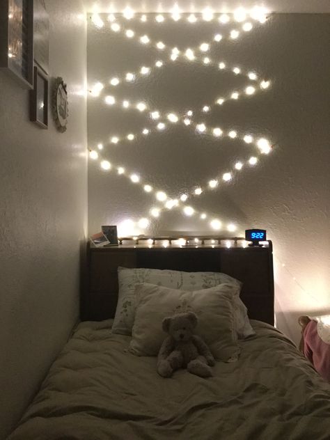 I tried to do the fairy light trend in my bedroom… it’s pretty at night but during the day, the wire looks really harsh against my white walls. Light Behind Bed, Fairy Light Bedroom, Behind Bed Ideas, Light Bed, Chandelier Ideas, Fairy Lights Bedroom, Quotes Home Decor, Baby Boy Room Decor, Wallpapers Home