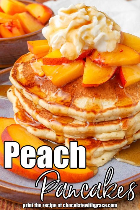 Peach Pancakes Pancake Ideas, Peach Pancakes, Banana Chocolate Chip Pancakes, Fruit Pancakes, Fancy Breakfast, Best Pancake Recipe, Baked Peach, Breakfast Lovers, Jamie Oliver Recipes