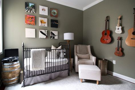 A baby boy's nursery with a music theme Music Themed Nursery, Music Themed Bedroom, Music Nursery, Chicago Condo, Family Room Paint Colors, Family Room Paint, Brown Leather Chairs, Diy Playbook, Dining Room Paint