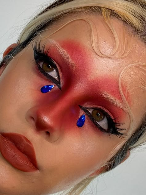 Editorial Red Makeup, Glamour Clown Makeup, Red Angel Makeup, Y2k Drag Makeup, Makeup Portfolio Ideas, Red Drag Makeup, Surrealist Makeup, Red Face Makeup, Club Kid Makeup