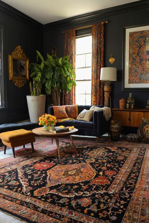 Persian rug decor, eclectic home design, interior rug decorating, living room rug ideas, home decorating style, eclectic space planning, Persian rug interior design Black Boho Living Room, Moody Rug, Eclectic Vintage Living Room, Persian Interior Design, Persian Interior, Choosing A Rug, Eclectic Interior Design Vintage, Persian Rug Living Room, Moody Rooms