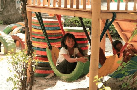 Half Tire Hammock Tire Projects, Tire Playground, Tires Ideas, Tire Seats, Diy Kids Playground, Cat Playground Outdoor, Recycled Tires, Reuse Old Tires, Outdoor Play Areas