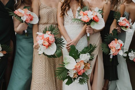 Tropical Wedding and Silk Flower Bouquet Reveal! Boho Tropical Bridesmaid Dresses, Simple Tropical Bouquet Wedding, Colorful Tropical Bouquet, Monstera Leaf Wedding Bouquet, Palm Leaf Bridesmaid Bouquet, Tropical Spring Wedding, Tropical Bridesmaids Dresses, Tropical Wedding Hairstyles, Tropical Wedding Bridesmaid Dresses