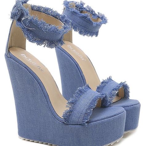 Leather Wedding Shoes, Summer Shoes Wedges, Trendy High Heels, Heels Patterns, Denim Sandals, Shoes Heels Classy, Designer Denim, Platform Wedge Heels, Ankle Strap Shoes