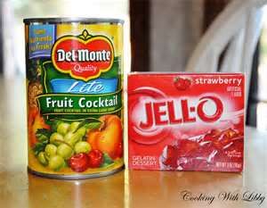 Big dessert! My nana would give me jello and add canned fruit. So fancy! Love the one cherry:) Jello In A Can, Jello Salad Recipes With Fruit Cocktail, Jello Add Ins, Jello With Fruit Cocktail How To Make, Jello Salad With Fruit Cocktail, Fruit Cocktail Jello Recipes, Jello And Fruit Cocktail, Jello Cups With Fruit, Fruit In Jello