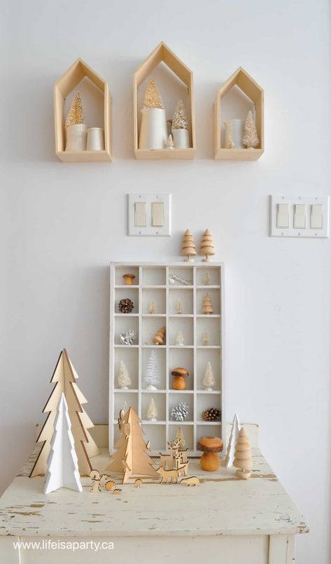 Asymmetrical Fireplaces, Cottage Christmas Decorating, Scandi Cottage, Cube Shelf, Macrame Garland, House Shelves, Christmas Decorating Ideas, Cottage Christmas, Little Christmas Trees