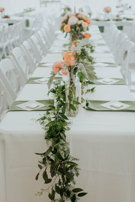 Wedding Table Greenery Runner, Ruscus Table Runner, Boho Wedding Table Runner, Greenery Table Runner, Starlight Wedding, Wedding Reception Tables Layout, Rustic Tablescape, Bud Vases Wedding, Greenery Runner