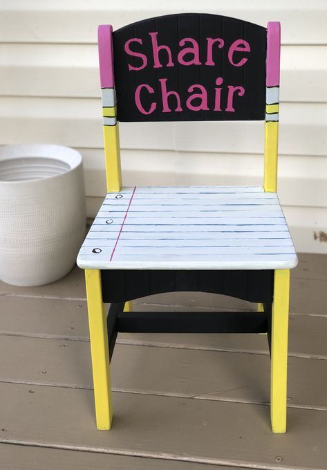 Share Chair that I painted for my kindergarten room Share Chair Classroom, Kindergarten Room Ideas, Kindergarten Room Set Up, Share Chair, Teacher Chair, Kindergarten Classroom Setup, Room Kindergarten, Classroom Goals, Prek Classroom