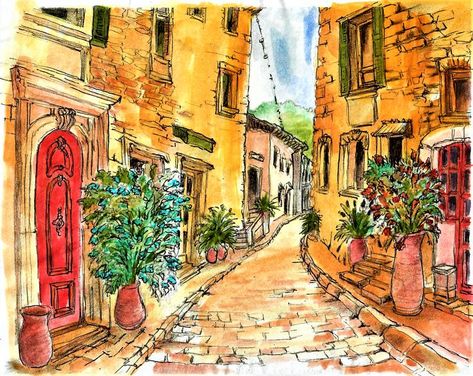 This watercolor and ink shows a small Italian town with a paved alley and flower pots greeting all visitors. Italian Village Painting, Italian Street Drawing, Italian Town, Italian Wall Decor, Italy Wall Decor, Town Drawing, London Art Print, Italy Art Print, Paris Art Print