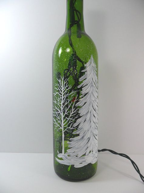 Green Wine Bottle, Kitchen Bar Area, Wine Bottle Crafts Christmas, Holiday Wine Bottles, Painted Glass Bottles, Hand Painted Wine Bottles, Decorated Bottles, Hand Painted Bottles, Painted Bottles