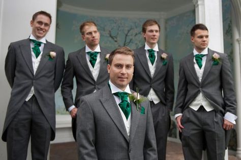 Groom and groomsmen for Green, Ivory and Gold Winter Wedding Suit With Boutonniere, Dresses With Fur, Groomsmen Green, Grey Groom Suit, White Jeans For Men, Slytherin Wedding, Green Tux, White Tuxedo Wedding, Greenery Bouquets