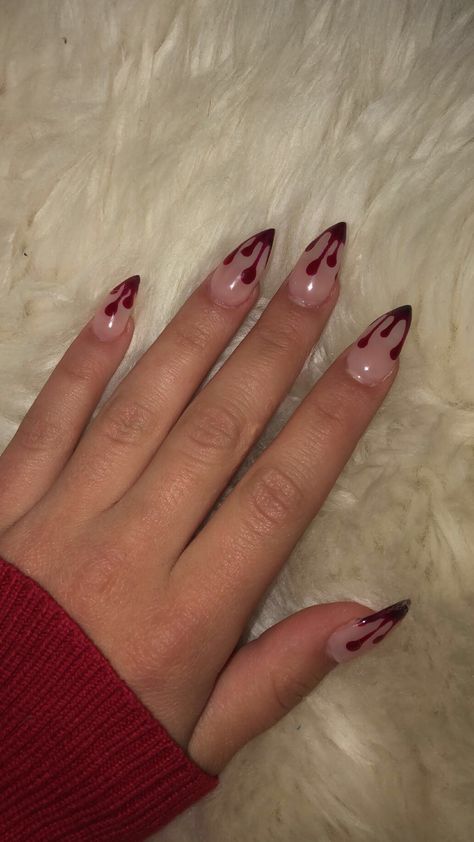 Halloween Blood Dripping Nails Blood Tipped Nails, Blood Themed Nails, Black And Red Blood Drip Nails, Blood French Tip Nails, Black Nails With Blood Drip, Blood Nails Halloween, Black Drip Nails, Blood Drop Nails, Halloween Nails Blood Drip