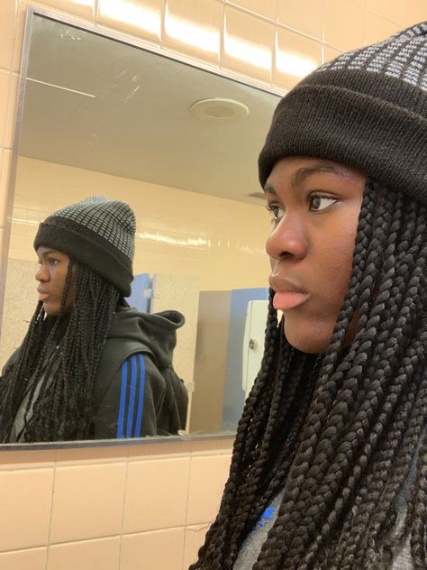 Beanie And Box Braids, Beanie On Braids, Beanie With Box Braids, Beanie With Braids, School Bathroom, Cute Box Braids, Cute Box Braids Hairstyles, Girl Braids, Beanie Black