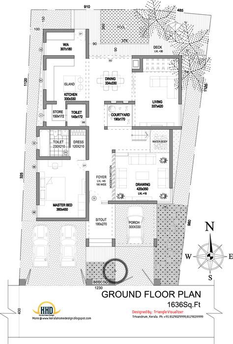 Modern House Elevation - 2831 Sq. Ft. - Kerala home design and floor plans - 8000+ houses Kerala House Floor Plans, Kerala Residence Plan, Kerala House Plans With Courtyard, Kerala House Design Modern Floor Plans, Kerala Model House Plans, Courtyard House Plans Indian, 8000 Sq Ft House Plans, Modern Spanish House Plans, Interior Courtyard House Plans