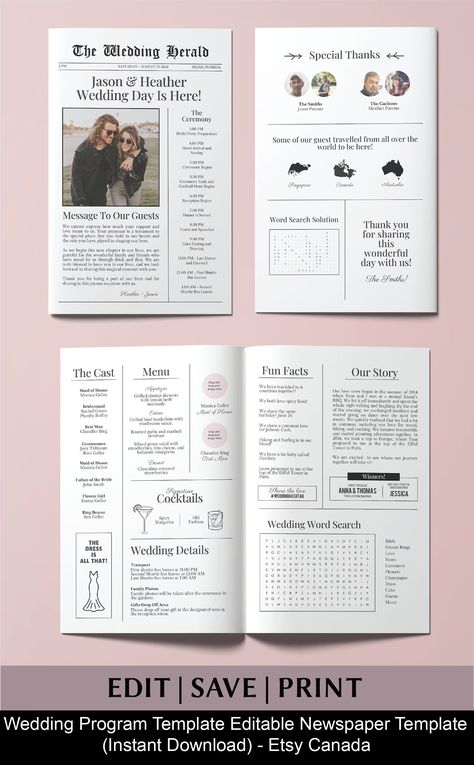 This wedding program template editable newspaper wedding itinerary template is the perfect wedding decor idea and wedding game printable to entertain your guest and provide all the valuable information of your big day! Our printable wedding newspaper template is fully editable in Canva. You can EDIT, ADD OR MOVE any of the text. Newspaper Invitation Wedding, Wedding Program Newspaper, Wedding Day Newspaper, Newlywed Newspaper, Unique Wedding Program Ideas, Wedding Newspaper Ideas, Wedding Newsletter, Interesting Wedding Ideas, Creative Wedding Programs