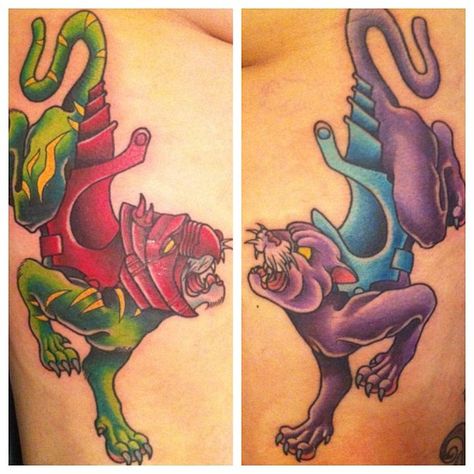 Battle Cat and Panthor Tattoo by gooneytoonstattoo.deviantart.com on @DeviantArt Thundercats Tattoo, Sailor Jerry Panther Tattoo, Battle Cat Tattoo, Skeletor Tattoos, Thunder Cats Tattoo, He Man Tattoo, Universe Tattoo, Japanese Tiger, Cat Tattoos Meme