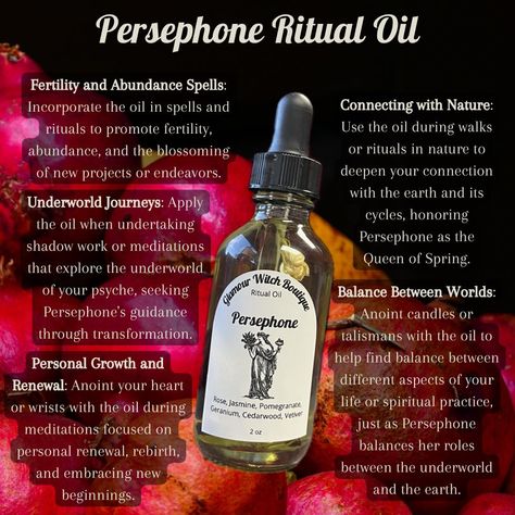 Step into the realm of renewal and transformation with our Persephone Ritual Oil 🌸💀✨. This divine blend captures the dual essence of Persephone, embodying both the tender bloom of spring and the profound depths of the underworld. Infused with floral notes for her ascent and earthy undertones for her reign below, this oil aids in rituals of rebirth, personal growth, and navigating life's transitions. Anoint yourself to honor your own cycles of change, just as Persephone embraces her dual role ... Perspherone Goddess, Working With Persephone, Persephone Ritual, Persephone Alter, Persephone Altar, Witchcraft Knowledge, Goddess Persephone, Crystals Spirituality, Ritual Oils