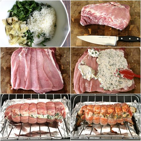 Spinach Dip Stuffed Pork Loin is an easy-to-make meal, perfect for bringing the people you care about around the dinner table! Pork Roulade, Stuffed Pork Loin, Baked Pork Tenderloin, Cooking Pork Tenderloin, Stuffed Pork, Decorações Com Comidas, Pork Loin Recipes, Pork Dinner, Tenderloin Recipes