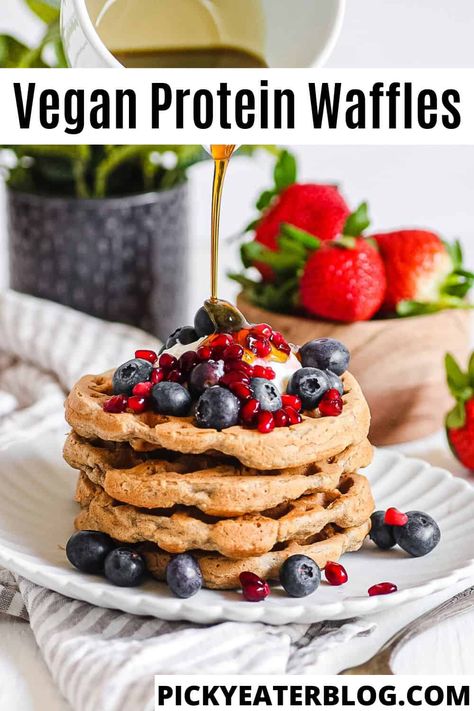 Vegan protein waffles are a nutritious but satisfying swap for regular waffles! These cinnamon vanilla spiced waffles are light and fluffy with no eggs or dairy and plenty of plant-based protein. Kid-friendly & easy to make too! Vegan Protein Waffles, Easy Vegan Protein, Blender Waffles, Vegan Protein Pancakes, Protein Powder Pancakes, Gluten Free Brands, Vegan Waffles, Waffles Easy, Gluten Free Waffles