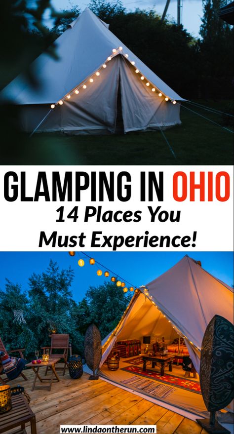 Two glamping experiences: one tent closed up with twinkling lights and another tent with a large wooden deck with patio furniture and twinkling lights Treehouse Village, Camping In Ohio, Ohio Travel, Go Glamping, Luxury Glamping, Midwest Travel, Appalachian Mountains, Camping Checklist, Camping Glamping