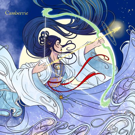 Digital concept art of Xingyin from Daughter of the Moon Goddess by Sue Lynn Tan. Chinese inspired woman with flowing black hair wearing a beautiful purple and blue gown. Drawing back a jade dragon bow with a glowing arrow. Sue Lynn Tan, Asian Moon, Daughter Of The Moon Goddess, Daughter Of The Moon, Moon Goddess Art, Anime Moon, The Moon Goddess, Goddess Art, Moon Goddess