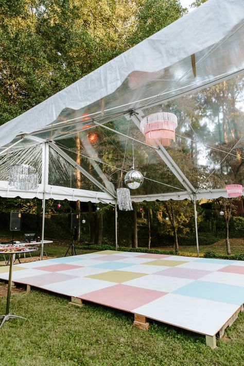 The pastel-checkered dance floor welcomed guests to kick off their shoes and revel in an all-night party filled with joy and celebration.| Image by Payton Urueta Photography Pastel Dance Floor, Diy Checkerboard Dance Floor, Garden Party Dance Floor, Colorful Dance Floor, Backyard Wedding Dance Floor, Backyard Dance Floor, Checkered Dance Floor Wedding, Outdoor Wedding Dance Floor, Diy Dance Floor