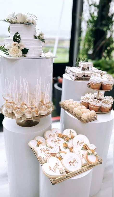 Engagement Party Sweet Table, White Wedding Desserts, All White Desert Table, Monochromatic Dessert Table, Sweet Table Wedding Elegant, All White Dessert Table, Wedding Dessert Table White And Gold, White Silver Gold Dessert Table, Bridal Shower Treats