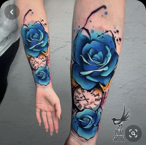 Her time of birth and birthdate Tato Realis, Colorful Rose Tattoos, Tato Flash, Rose Tattoo On Arm, Piece Tattoo, Electric Dreams, Rose Tattoos For Women, Blue Rose Tattoos, Inspiration Tattoos