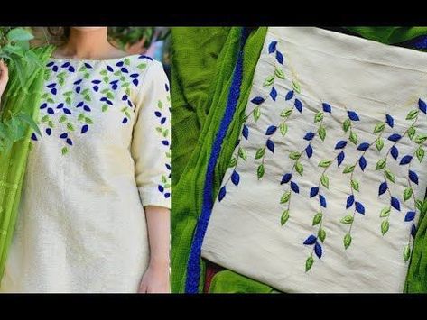 Embroidery Design For Kurtis, Churidar Designs, Hand Embroidery Dress, Embroidery On Kurtis, Simple Embroidery Designs, Kurti Embroidery Design, Hand Embroidery Videos, Hand Embroidery Tutorial, Handmade Embroidery Designs