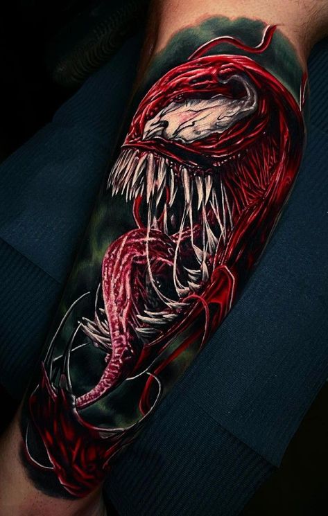 Carnage Tattoo Design, Venom Carnage Tattoo, Venom Tattoo Design, Carnage Tattoo, Tattoo Husband, Forearm Cover Up Tattoos, Venom Tattoo, Spiderman Tattoo, Avengers Tattoo