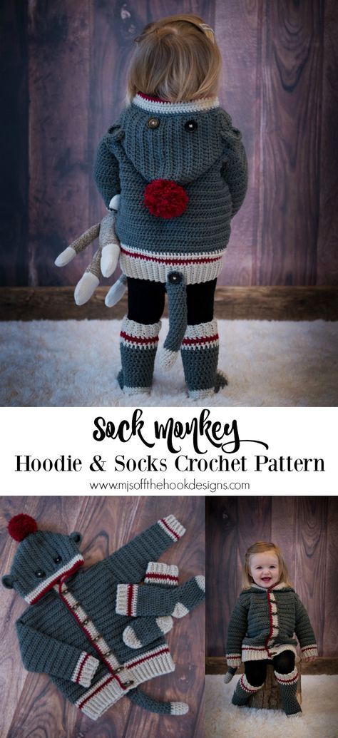 Our newest crochet hoodie and sock pattern has just been released! The most adorable little Sock Monkey Set! You can purchase the pattern HERE in my Ravelry shop. This set has been designed in Craftsy Sprightly Acrylic worsted weight yarn. It’s a soft cozy acrylic with excellent stitch definition and a dream to work with. One... Sock Monkey Pattern, Crochet Sock Monkeys, Baby Socks Pattern, Crochet Sock, Socks Crochet, Interesting Crafts, Crochet Baby Socks, Thread Crafts, Crochet Socks Pattern