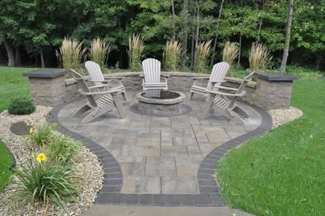 Pavers Around Fire Pit Ideas, Outdoor Stone Fire Pit Ideas, Stone Patio With Fire Pit Off Deck, Patio With Walkway To Fire Pit, Paver Patio Fire Pit Ideas, Fire Pit Paver Patio, Patio With Fire Pit And Seating Wall, Fire Pit With Seating Wall, Fire Pit Hardscape