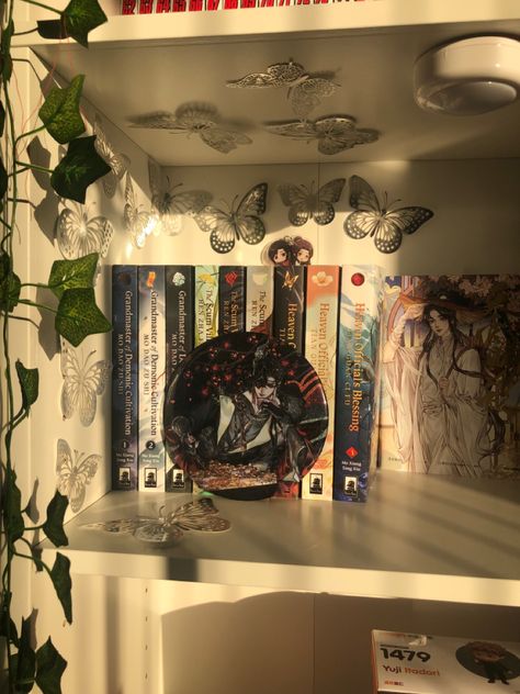 Danmei Collection, Tgcf Room Decor, Danmei Bookshelf, Anime Shelves Aesthetic, Manga Shelf Aesthetic, Anime Book Shelf Aesthetic, Aesthetic Manga Shelves, Van Gogh Wallpaper, Dorm Room Layouts