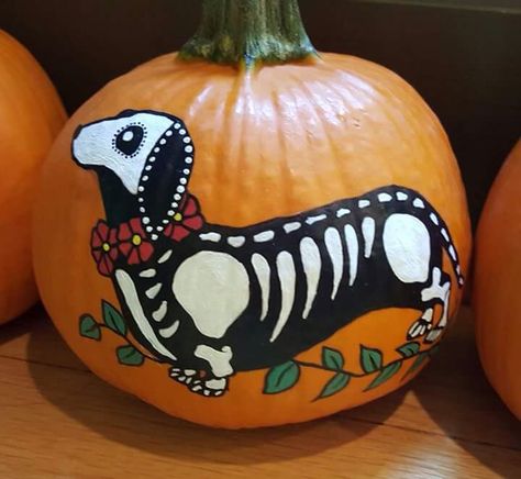 Cute Painted Pumpkin Ideas, Dachshund Painting, Halloween Buffet, Creative Pumpkin Painting, Creative Pumpkin Decorating, Dog Pumpkin, Pumpkin Painting Ideas, Halloween Pumpkin Designs, Halloween Pumpkins Painted