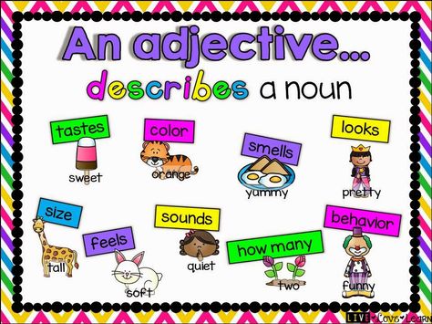 Description Prompts, 3rd Grade Anchor Charts, Order Of Adjectives, Examples Of Adjectives, Adjectives Activities, List Of Adjectives, Kindergarten Anchor Charts, Grammar Posters, Singular Nouns