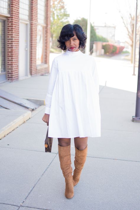 Sweenee Style, Indianapolis Style Blog, Fall Outfit Idea, WHite Shirt Dress, Denim Poncho Outfit Winter, White Shirt Dress, White Fashion, Look Fashion, White Shirt, Online Clothing, African Fashion, Autumn Winter Fashion, Plus Size Fashion