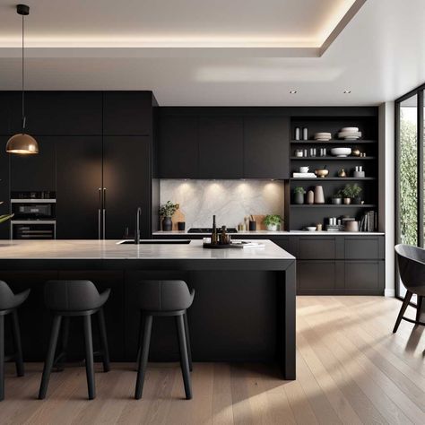 How to Design a Modern Luxury Black Kitchen • 333+ Images • [ArtFacade] Black Interior Kitchen, Black Kitchen Aesthetic, Luxury Black Kitchen, Black Cabinetry, Black Appliances Kitchen, Modern Black Kitchen, Open Concept Kitchen Living Room, Modern Luxury Kitchen, Modern Kitchen Design Ideas