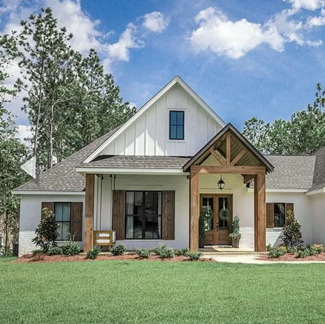 Southern French Country Home, White Siding House, Basement Stair, Exterior House Colors With Brick, House Colors With Brick, Ranch House Exterior, Porch Remodel, French Country Home, Front Porch Design