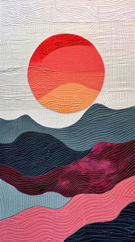 Embroidery with sunset textile craft quilt. | free image by rawpixel.com / Boom Quilt Landscape Patterns, Nature Elements Illustration, Sunset Textiles, Sunset Quilts, Iphone Sunset Wallpaper, Iphone Wallpaper Sports, Sunset Quilt, Aesthetic Mobile Wallpaper, Warm Wallpaper