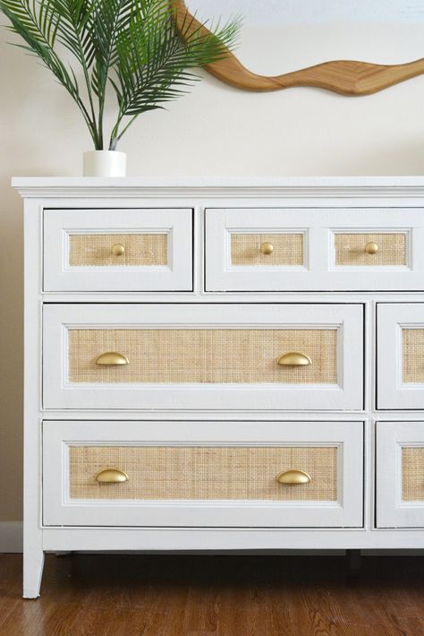 DIY Rattan Dresser Makeover | Centsational Style Wicker Dresser Makeover Diy, Caned Dresser, Boho Dressers, Dresser Designs, Cane Dresser, Drawer Makeover, Painted Rattan, Centsational Style, Boho Dresser