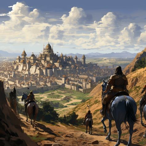 2) a city in the middle of a wide valley in ancient times wide fields all around a hill behind the sea in the distance city streets are very wide houses are not high there are horsemen armed warriors distant view comic book style --v 5.2 #nft #AI #art #painting #nftartist #AIartgallery #DigitalArt #artwork #AIart #generativeart #GenerativeAI #artwork #artist #artistsofinstagram Plains City Fantasy Art, Dnd World Building, Medieval Banner, Fortified City, Drawing Pose Reference, Medieval Characters, Earth City, Pathfinder 2e, Fantasy Cities