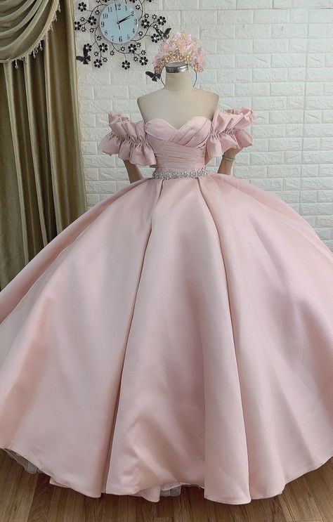 Satin Ball Gown Wedding Dress, Light Pink Wedding, Pink Ball Gown, Satin Ball Gown, Dress With Ruffle Sleeves, Dresses Unique, Ruffle Wedding Dress, Beautiful Wedding Gowns, Pink Gowns