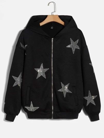 Rhinestone Zip Up Hoodie, Zip Up Hoodie Oversized, Super Cropped Hoodie, Oversized Y2k, Y2k Sweatshirt, Hoodie Oversize, E Girl, Paris Outfits, Star Pattern