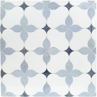 MJ Blue Blazingstar - White Thassos, Blue Celeste & Azul Macauba Waterjet Mosaic Tile, Blue Backsplash, Flower Tile, Cerámica Ideas, Marble Backsplash, Blue Tile, Marble Mosaic Tiles, Kitchen Marble, Blue Tiles