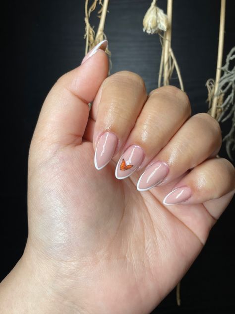 White tip, deep smile french, butterfly nails nude nails Deep Smile Line Nails French Almond, Deep Smile Line Nails French, French Butterfly Nails, Smile Line Nails, Nails French Almond, Almond Acrylic, Butterfly Nails, Nails Nude, Lines On Nails