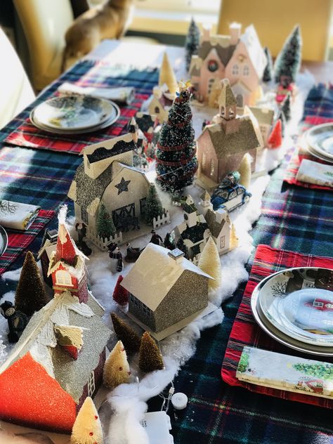 Christmas Village Tablescape Christmas Village Dinner Table, Christmas Village Tablescape, Village Tablescape, Christmas Village Table, Christmas Tablescape, Dining Table Centerpiece, Table Scape, Ceremony Ideas, Christmas Tablescapes